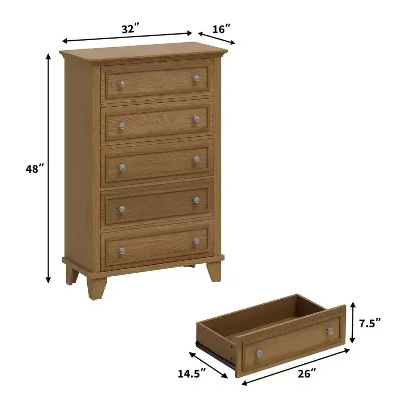 Cassettiera alta 48" a 5 cassetti, Cassettiera in legno marrone con cassetti profondi e maniglie in metallo per camera da letto e soggiorno