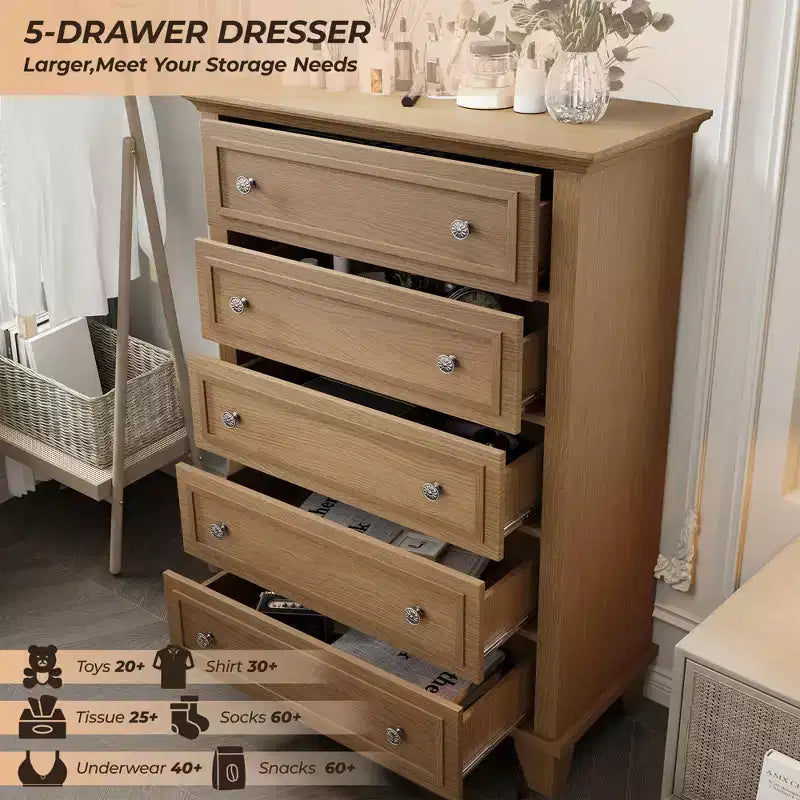 Cassettiera alta 48" a 5 cassetti, Cassettiera in legno marrone con cassetti profondi e maniglie in metallo per camera da letto e soggiorno