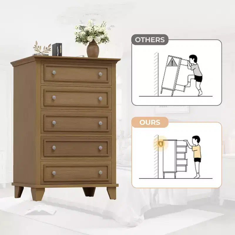 Cassettiera alta 48" a 5 cassetti, Cassettiera in legno marrone con cassetti profondi e maniglie in metallo per camera da letto e soggiorno