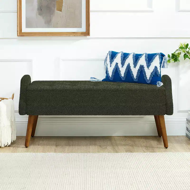 Panca Moderna con Morbido Cuscino, Braccioli Geometrici e Gambe in Legno MasselloIdeale per Soggiorni, Camere da Letto e Ingressi