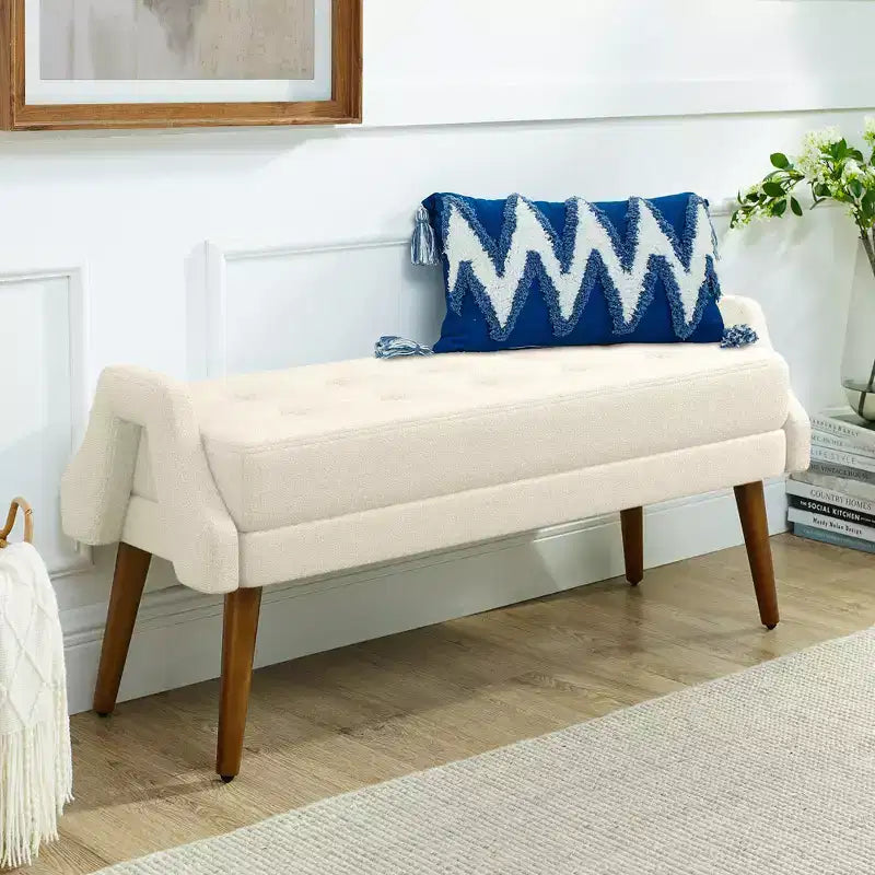 Panca Moderna con Morbido Cuscino, Braccioli Geometrici e Gambe in Legno MasselloIdeale per Soggiorni, Camere da Letto e Ingressi