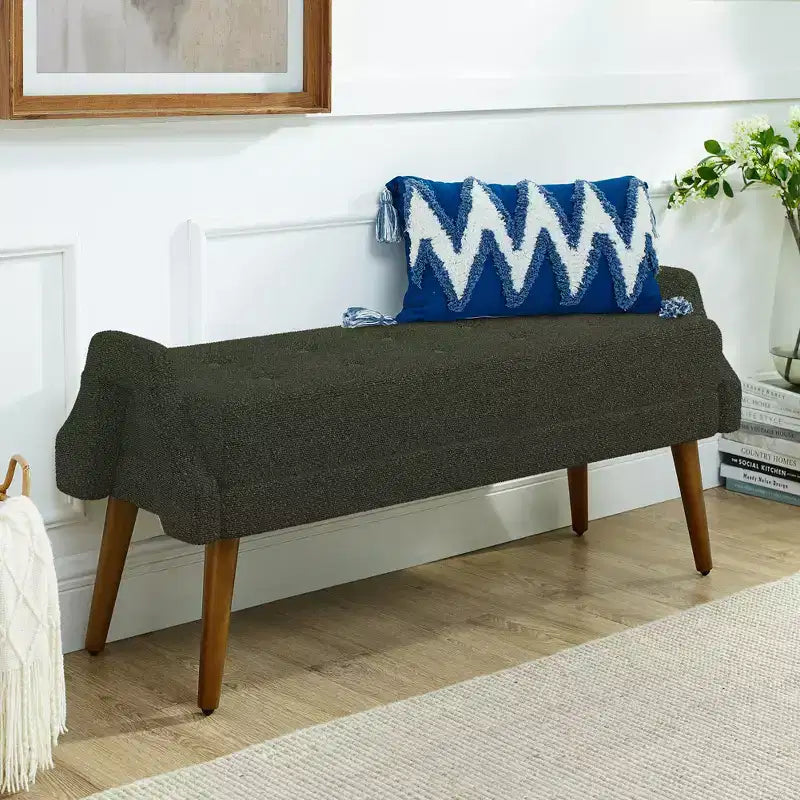 Panca Moderna con Morbido Cuscino, Braccioli Geometrici e Gambe in Legno MasselloIdeale per Soggiorni, Camere da Letto e Ingressi