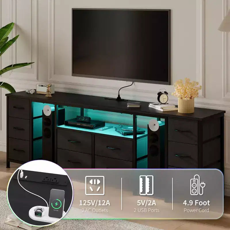 Cassettiera a 10 cassetti, Mobile TV con cassetti in tessuto per TV da 75 70 65 pollici, Tavolino consolle TV, Centro di intrattenimento con ripiani aperti per camera da letto