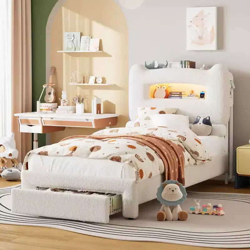 Struttura letto imbottita a LED, letto a piattaforma con cassetti e testiera contenitore per bambini/ragazzi/ragazze, supporto resistente, non è necessaria la rete a molle