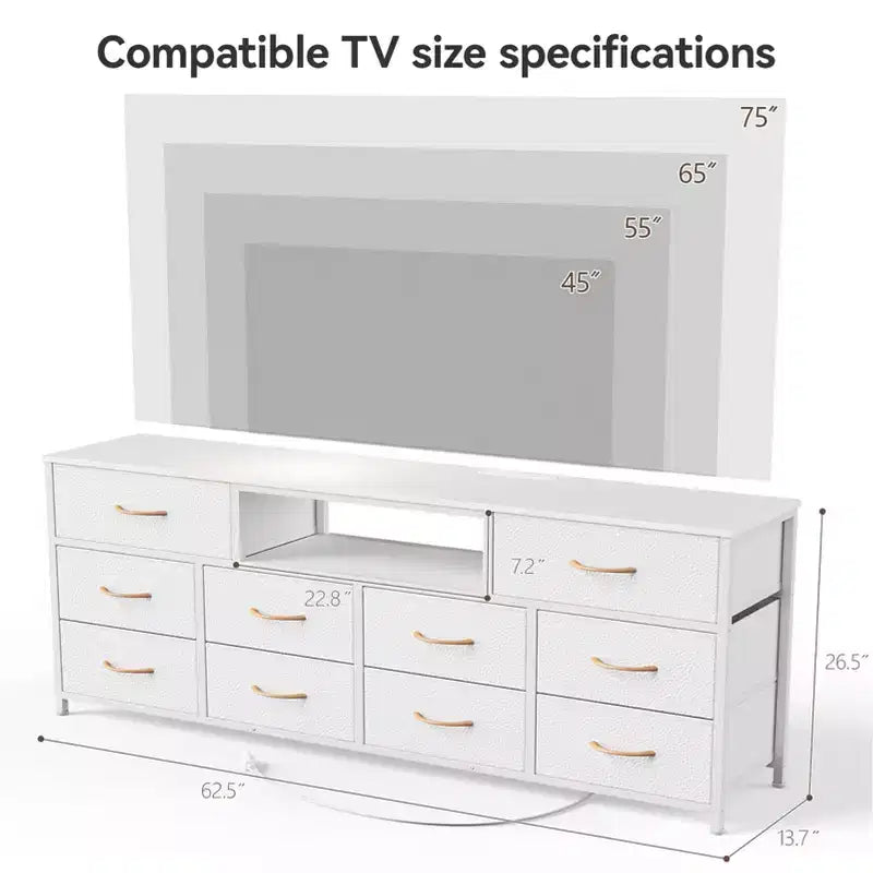 Grande Cassettiera Bianca a 10 Cassetti Mobile TV per TV da 75 Pollici Consolle Multimediale Contenitore in Tessuto con Prese di Corrente Luci LED Organizzatore Mobili Camera da Letto