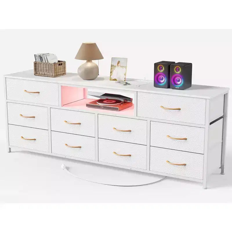 Grande Cassettiera Bianca a 10 Cassetti Mobile TV per TV da 75 Pollici Consolle Multimediale Contenitore in Tessuto con Prese di Corrente Luci LED Organizzatore Mobili Camera da Letto