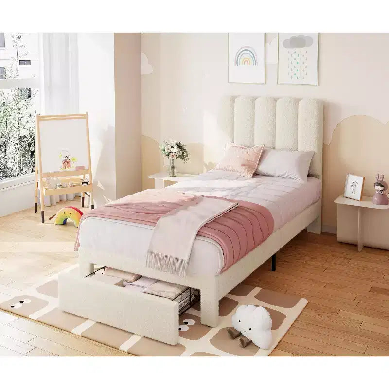 Struttura letto singolo imbottita in velluto con cassetti e testiera, lettino per bambini, con doghe in legno, design a basso profilo