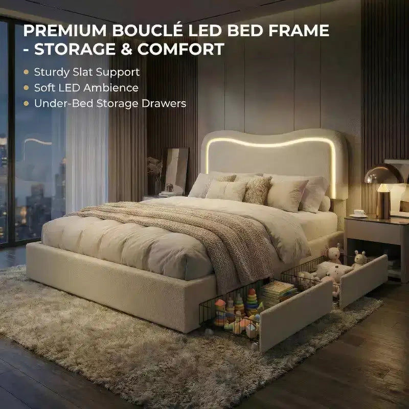 Struttura Letto con 2 Cassetti Contenitore, Letto a Piattaforma Imbottito con Testiera a LED, Nessuna Rete a Molle Necessaria per Bambini, Ragazzi