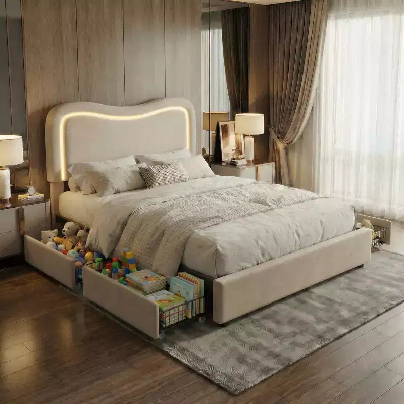 Struttura Letto con 2 Cassetti Contenitore, Letto a Piattaforma Imbottito con Testiera a LED, Nessuna Rete a Molle Necessaria per Bambini, Ragazzi