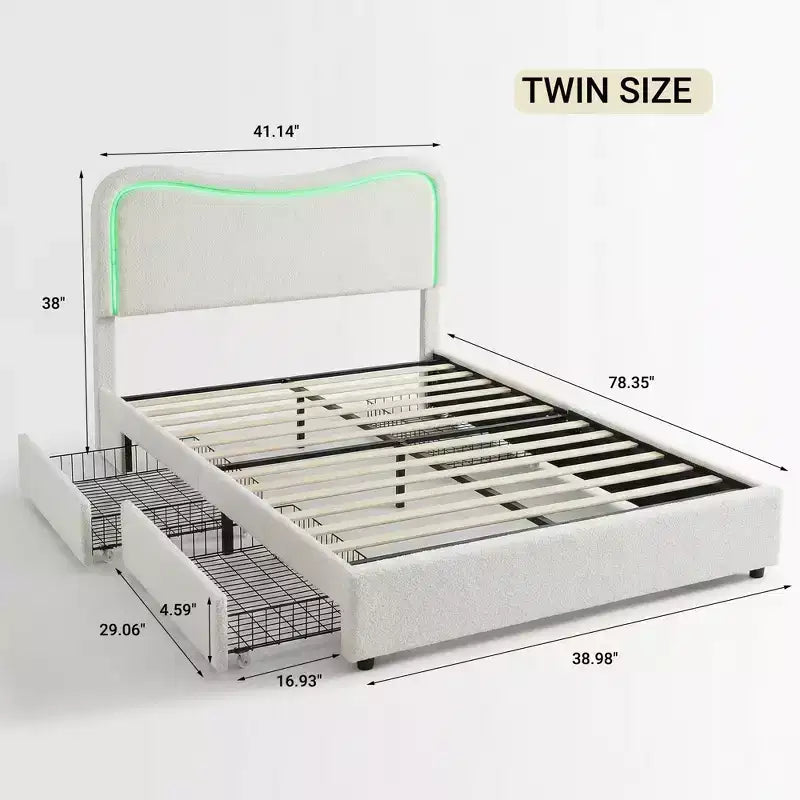 Struttura Letto con 2 Cassetti Contenitore, Letto a Piattaforma Imbottito con Testiera a LED, Nessuna Rete a Molle Necessaria per Bambini, Ragazzi