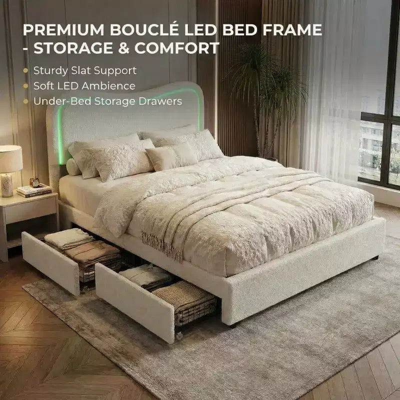 Struttura Letto con 2 Cassetti Contenitore, Letto a Piattaforma Imbottito con Testiera a LED, Nessuna Rete a Molle Necessaria per Bambini, Ragazzi