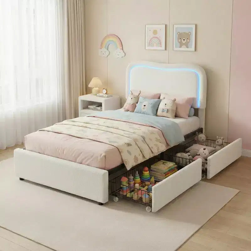 Struttura Letto con 2 Cassetti Contenitore, Letto a Piattaforma Imbottito con Testiera a LED, Nessuna Rete a Molle Necessaria per Bambini, Ragazzi