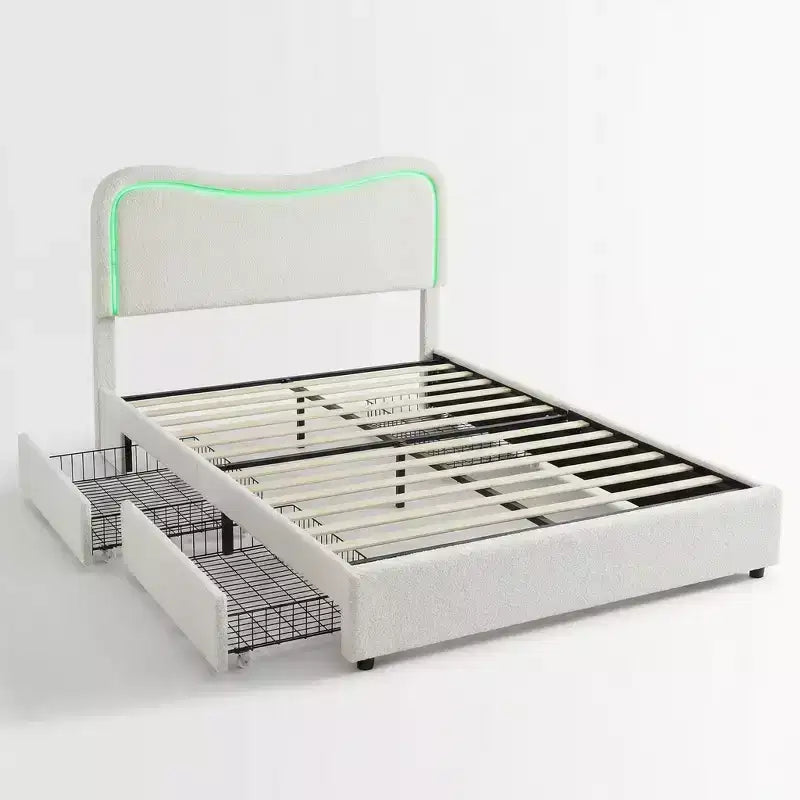Struttura Letto con 2 Cassetti Contenitore, Letto a Piattaforma Imbottito con Testiera a LED, Nessuna Rete a Molle Necessaria per Bambini, Ragazzi