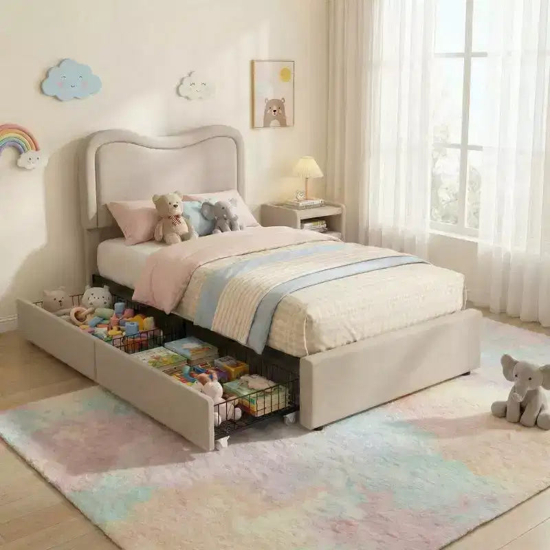 Struttura Letto con 2 Cassetti Contenitore, Letto a Piattaforma Imbottito con Testiera a LED, Nessuna Rete a Molle Necessaria per Bambini, Ragazzi