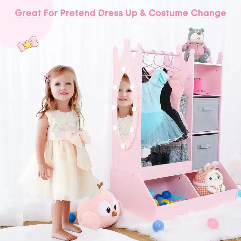 Organizzatore Vestiti per Bambini, Armadio per Costumi con Specchio Illuminato, Asta Appendiabiti e Cassetti per Camera da Letto e Sala Giochi