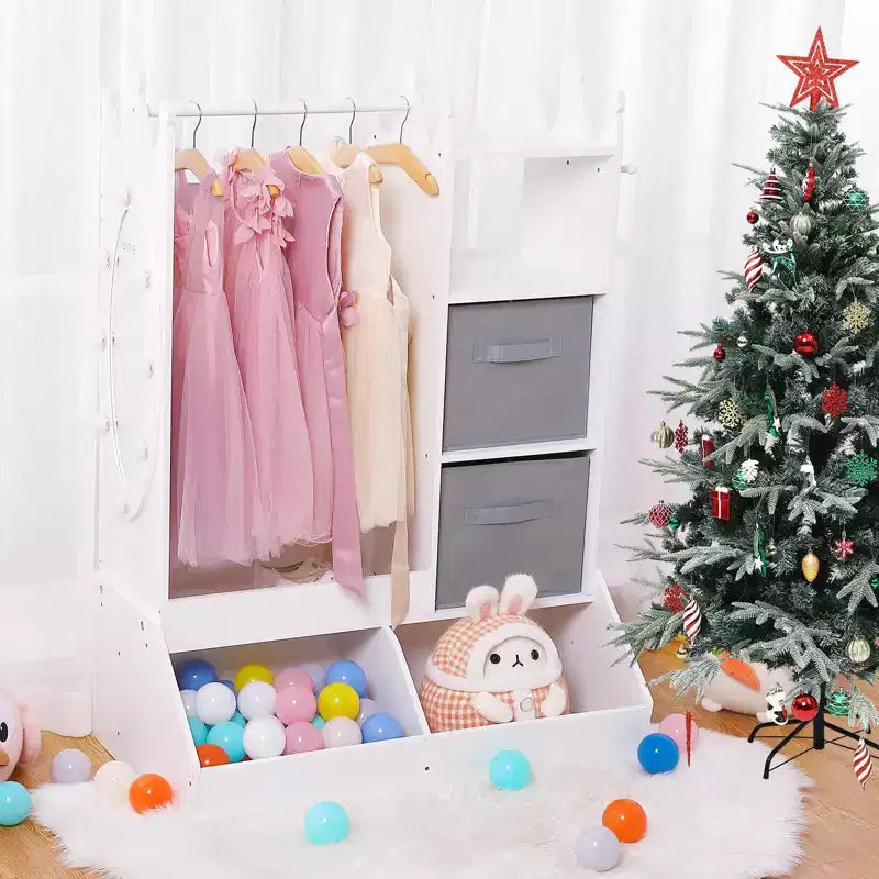 Organizzatore Vestiti per Bambini, Armadio per Costumi con Specchio Illuminato, Asta Appendiabiti e Cassetti per Camera da Letto e Sala Giochi