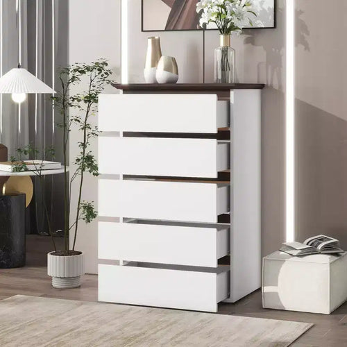 JVNOXK 5 Drawer Dresser for Bedroom, Modern Closet Dressers Chest of Drawers, White & Walnut color Storage Dresser Chest Cabinet Organizer Unit