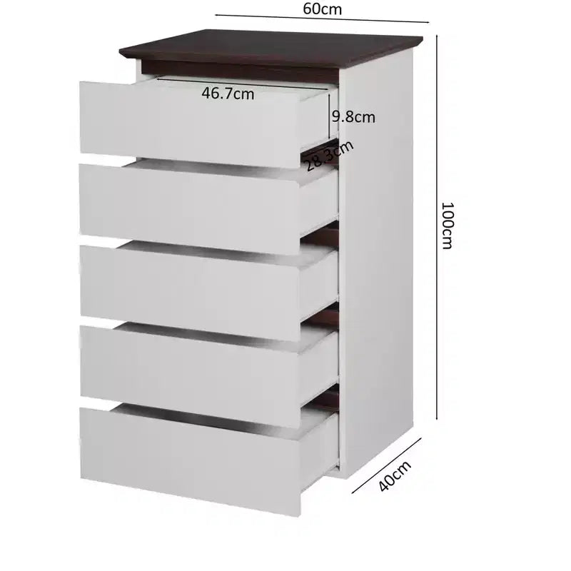 Comò a 5 cassetti per camera da letto, cassettiera moderna per armadio, mobile contenitore con cassetti color bianco e noce