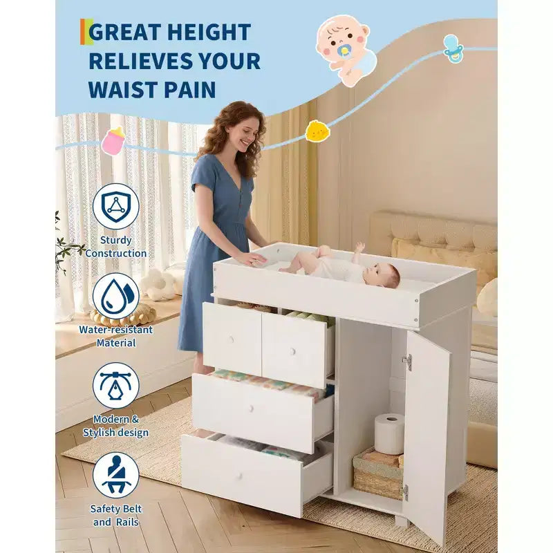 Fasciatoio con 2 Cassetti, Cassettiera Moderna per la Cameretta con Spazio Aperto, Stazione Fasciatoio per Camera da Letto, Cameretta Bambini, Bianco
