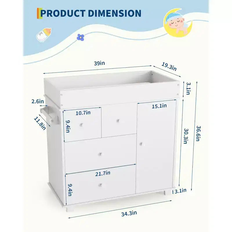 Fasciatoio con 2 Cassetti, Cassettiera Moderna per la Cameretta con Spazio Aperto, Stazione Fasciatoio per Camera da Letto, Cameretta Bambini, Bianco