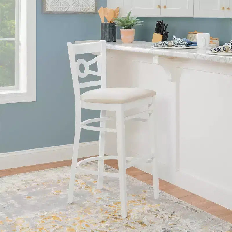 Sgabelli da bar con seduta imbottita in velluto effetto scamosciato Teresa, in legno di faggio massiccio bianco/grigio, altezza 79 cm