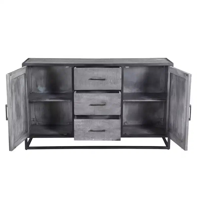 Credenza Raven in legno di mango grigio per sala da pranzo, struttura in metallo, 3 cassetti, 2 ante