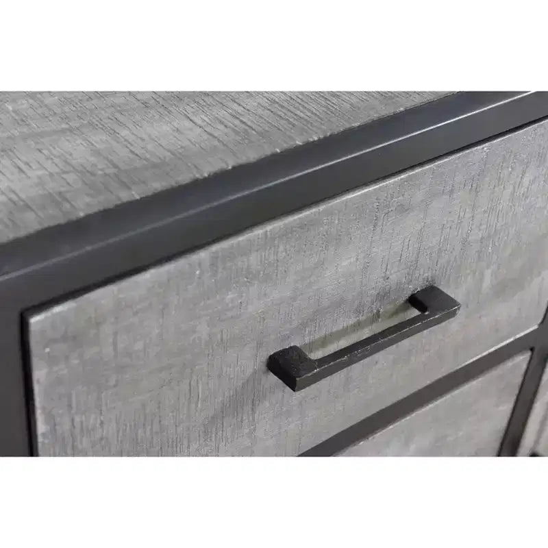 Credenza Raven in legno di mango grigio per sala da pranzo, struttura in metallo, 3 cassetti, 2 ante