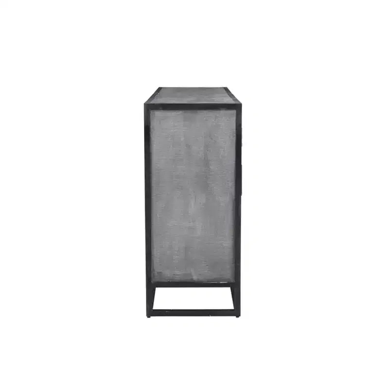 Credenza Raven in legno di mango grigio per sala da pranzo, struttura in metallo, 3 cassetti, 2 ante