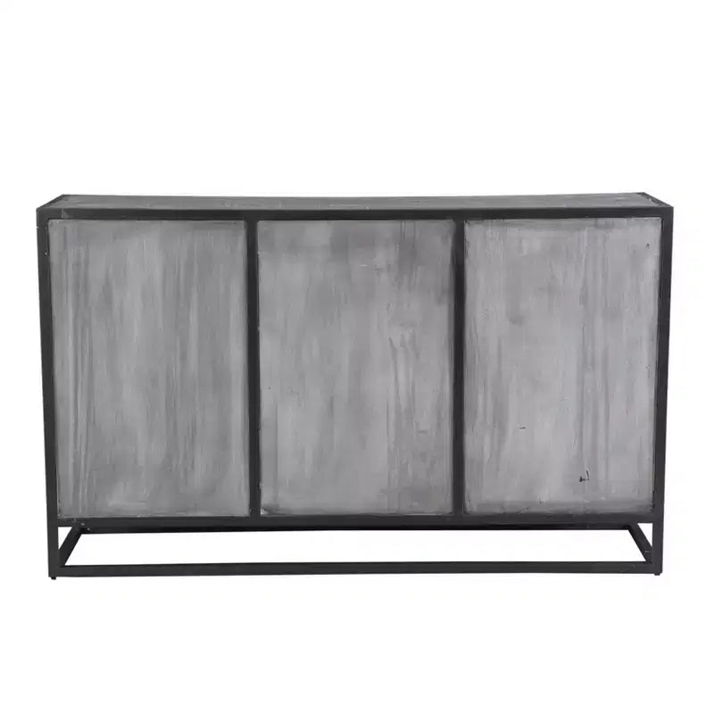 Credenza Raven in legno di mango grigio per sala da pranzo, struttura in metallo, 3 cassetti, 2 ante