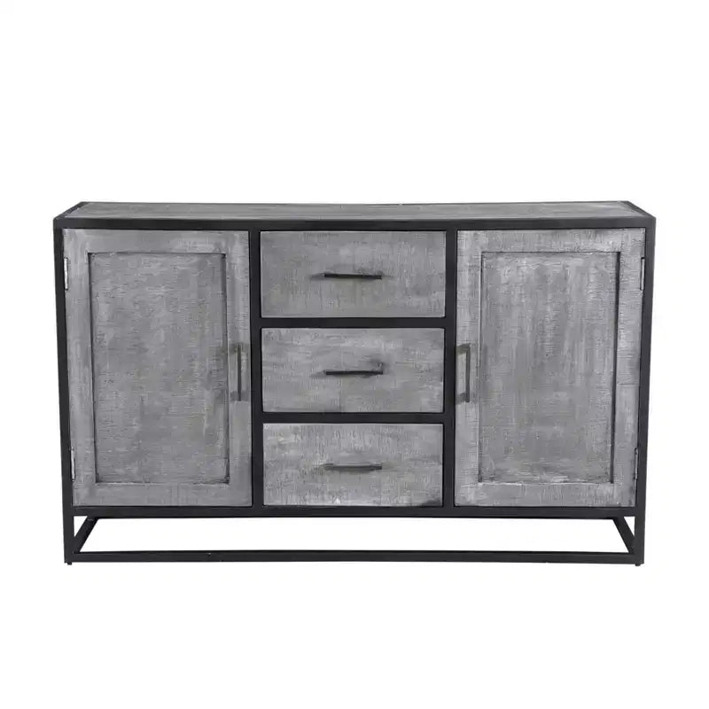 Credenza Raven in legno di mango grigio per sala da pranzo, struttura in metallo, 3 cassetti, 2 ante