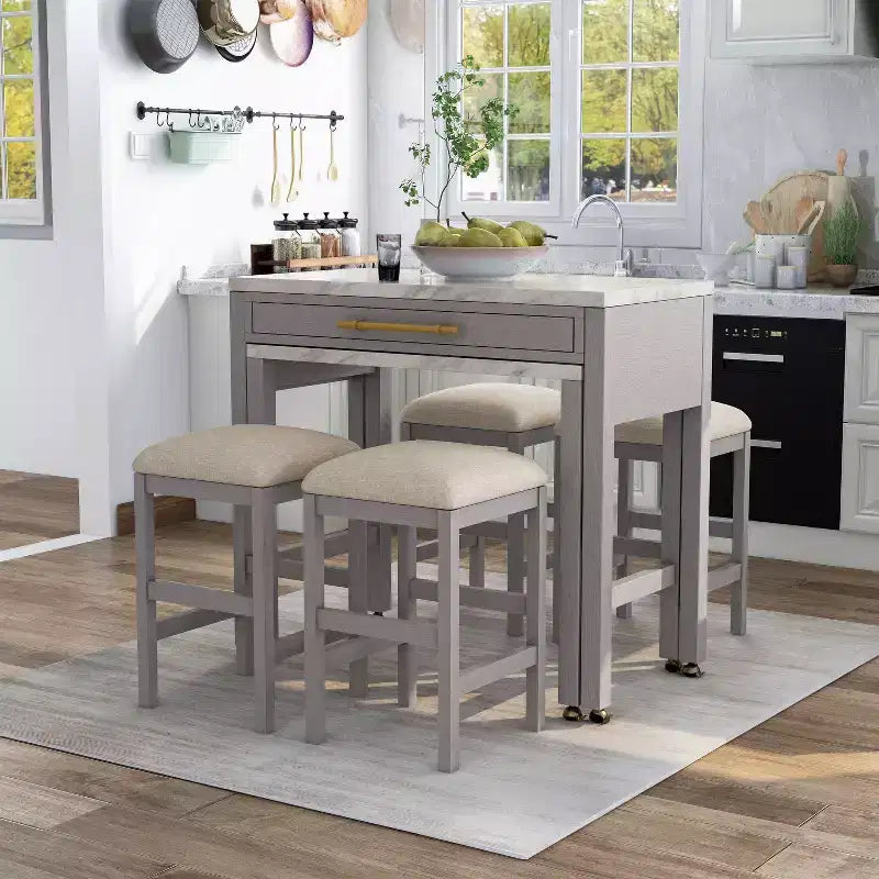 Set tavolo da pranzo espandibile 5 pezzi Gardenside altezza bancone Bianco/Grigio chiaro/Beige