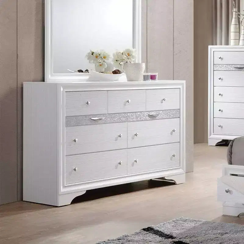 Comò Naima 160 cm Bianco: Struttura in Legno, Guide in Metallo, 9 Cassetti, Nessun Montaggio Richiesto