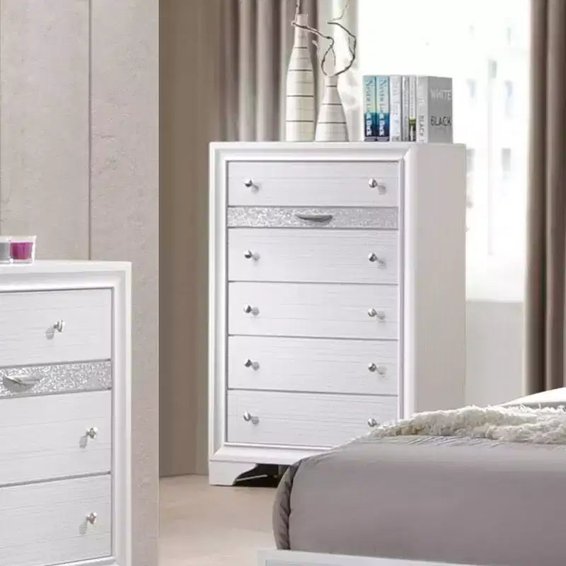 Acme Furniture 34" Naima Chest White: 5-Drawer Wood Vertical Dresser, Metal Glides, No Assembly Required