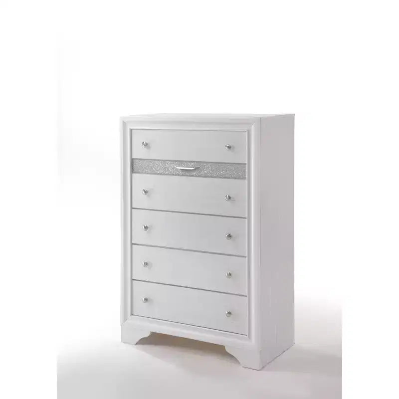 Comò verticale Naima bianco da 34": 5 cassetti in legno, guide in metallo, nessun assemblaggio richiesto