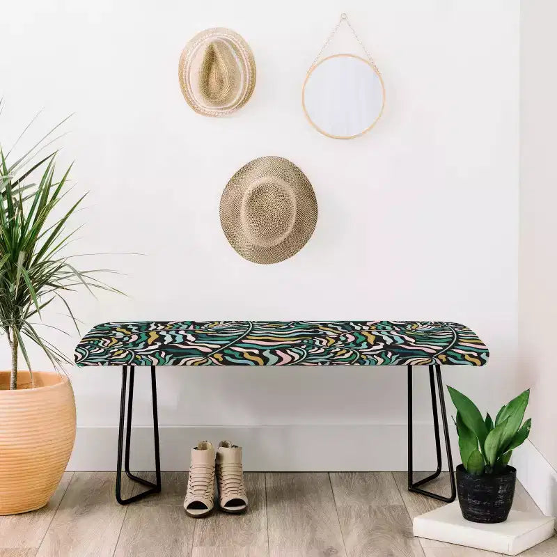 Evamatise Springtime Floral On Dark Bench Black - Deny Designs: Vegan Faux-Leather, Steel Legs