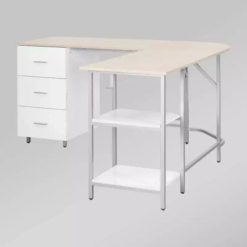 Scrivania bicolore a L per ufficio domestico con contenitore