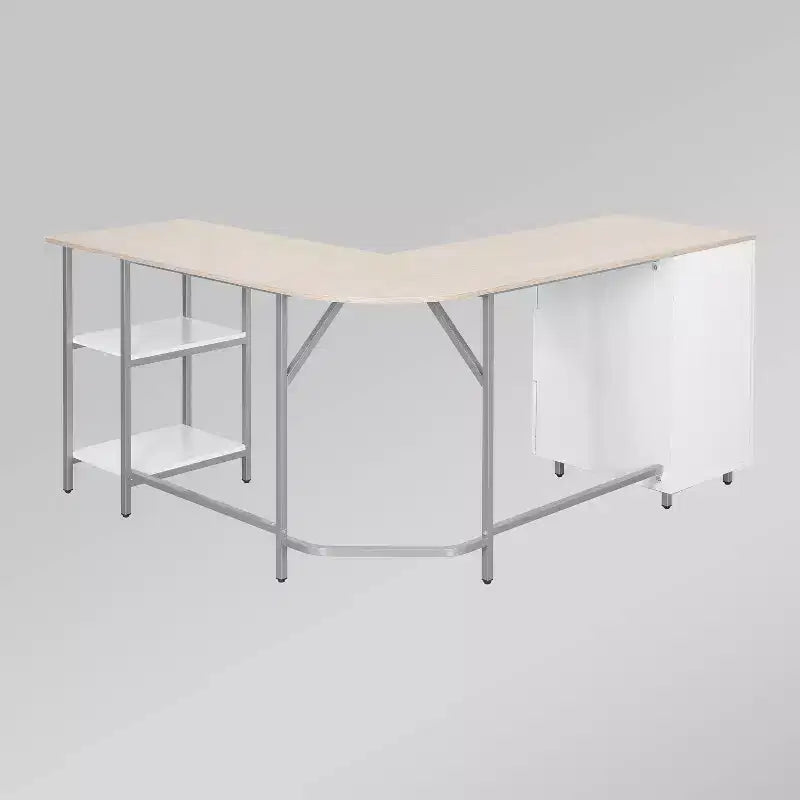 Scrivania bicolore a L per ufficio domestico con contenitore