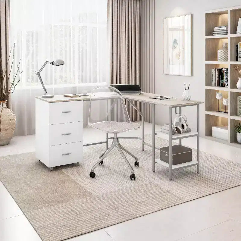 Scrivania bicolore a L per ufficio domestico con contenitore