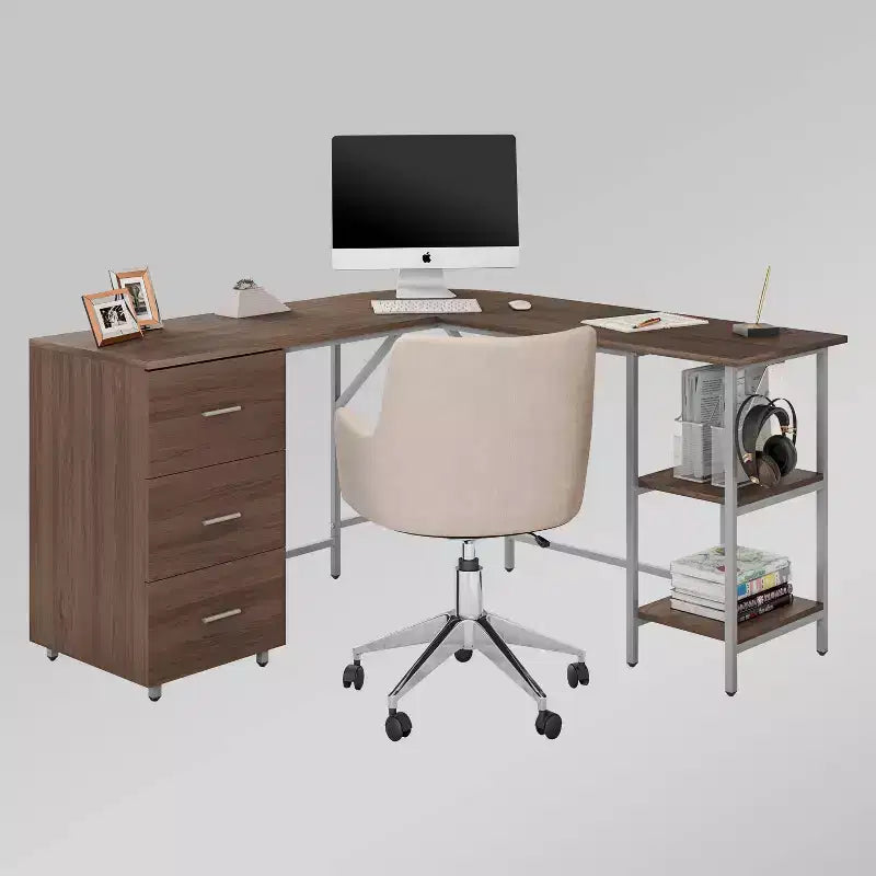 Scrivania bicolore a L per ufficio domestico con contenitore