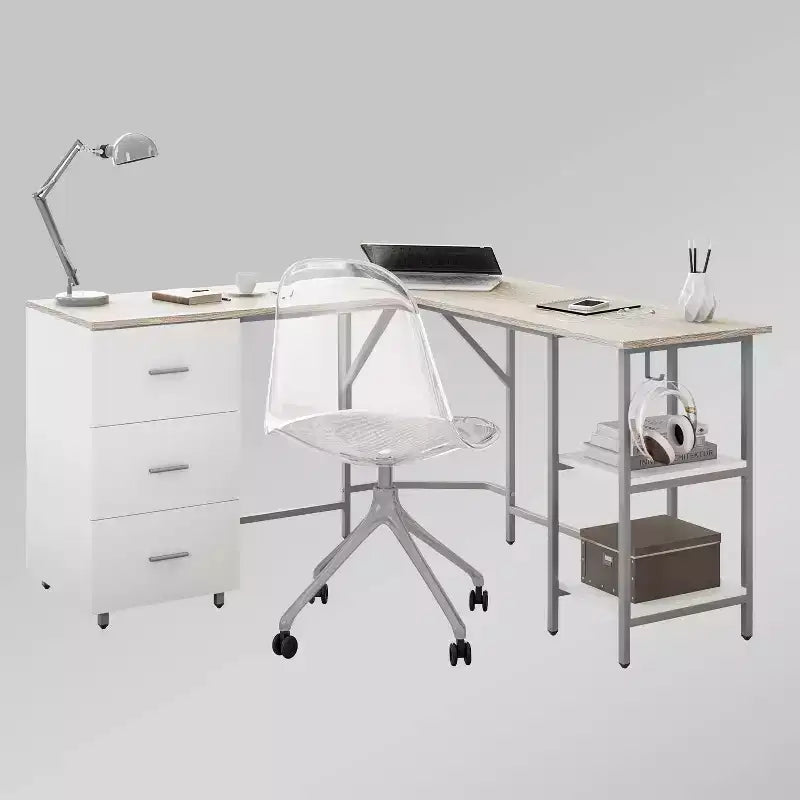 Scrivania bicolore a L per ufficio domestico con contenitore