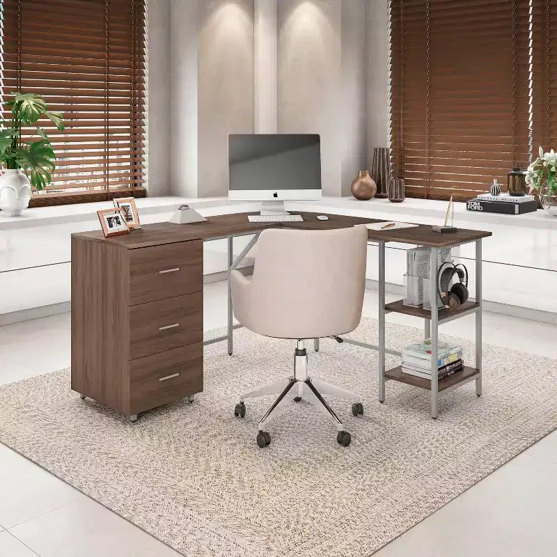 Scrivania bicolore a L per ufficio domestico con contenitore