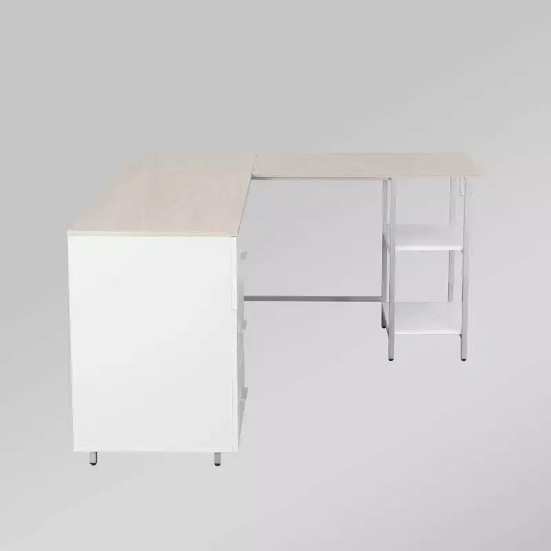 Scrivania bicolore a L per ufficio domestico con contenitore