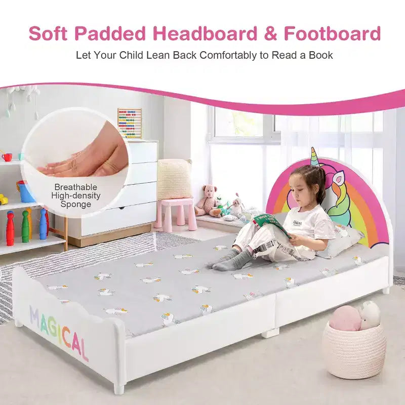 Letto a piattaforma imbottito per bambini, letto singolo in legno con motivo unicorno