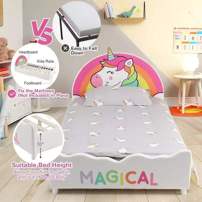 Letto a piattaforma imbottito per bambini, letto singolo in legno con motivo unicorno