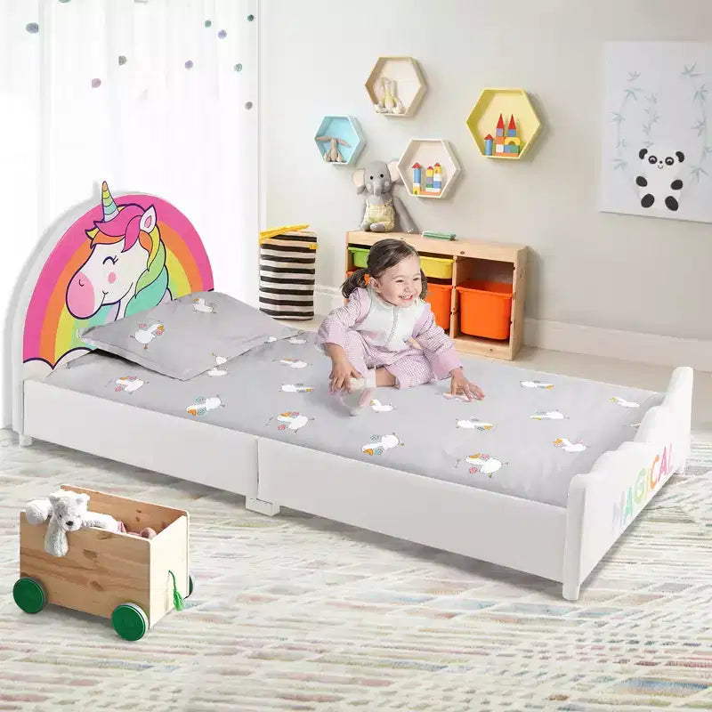 Letto a piattaforma imbottito per bambini, letto singolo in legno con motivo unicorno