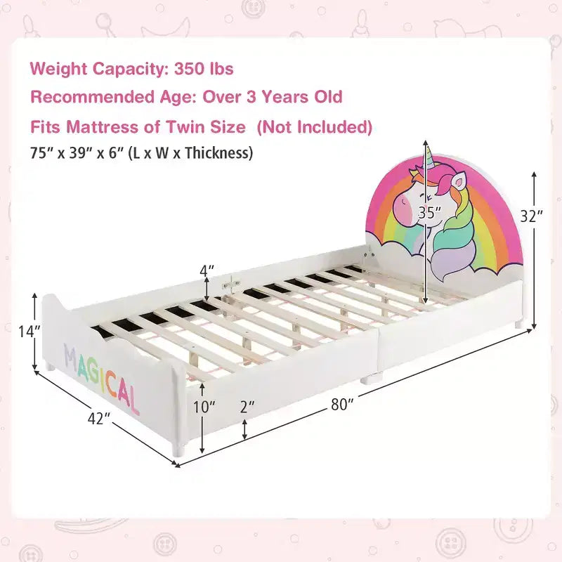 Letto a piattaforma imbottito per bambini, letto singolo in legno con motivo unicorno