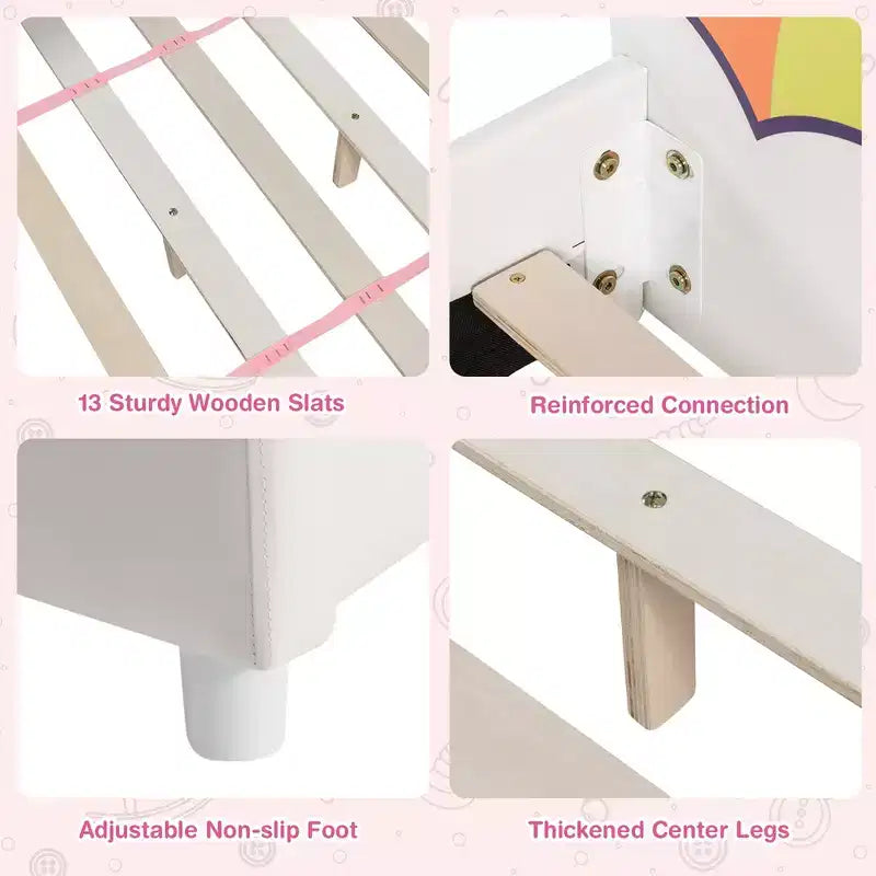 Letto a piattaforma imbottito per bambini, letto singolo in legno con motivo unicorno
