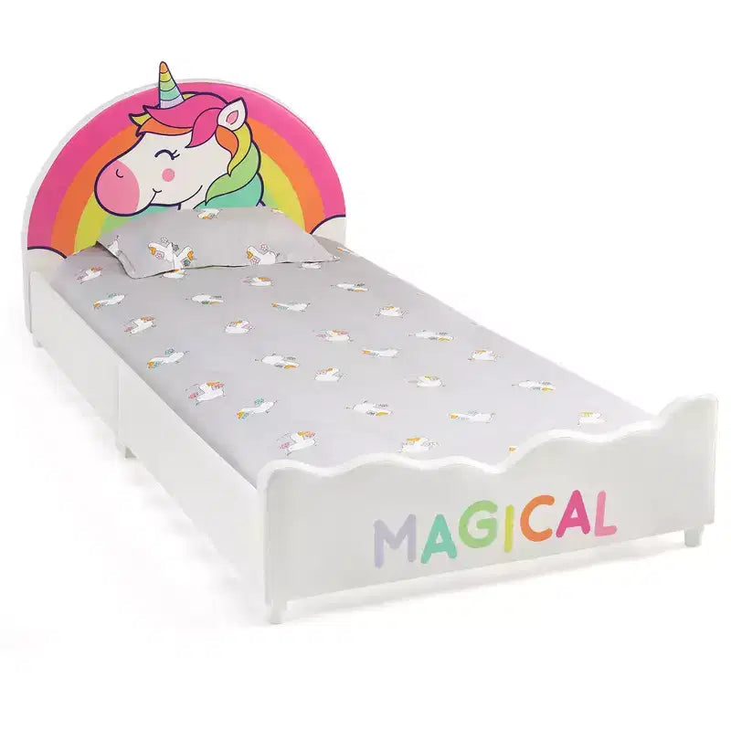 Letto a piattaforma imbottito per bambini, letto singolo in legno con motivo unicorno
