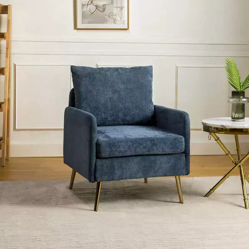 Poltrona imbottita Giovann con braccioli, comoda poltrona per soggiorno e camera da letto con gambe in metallo BLU NAVY