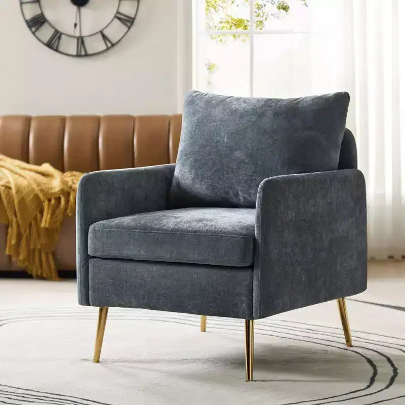 Poltrona imbottita Giovann con braccioli, comoda poltrona per soggiorno e camera da letto con gambe in metallo BLU NAVY